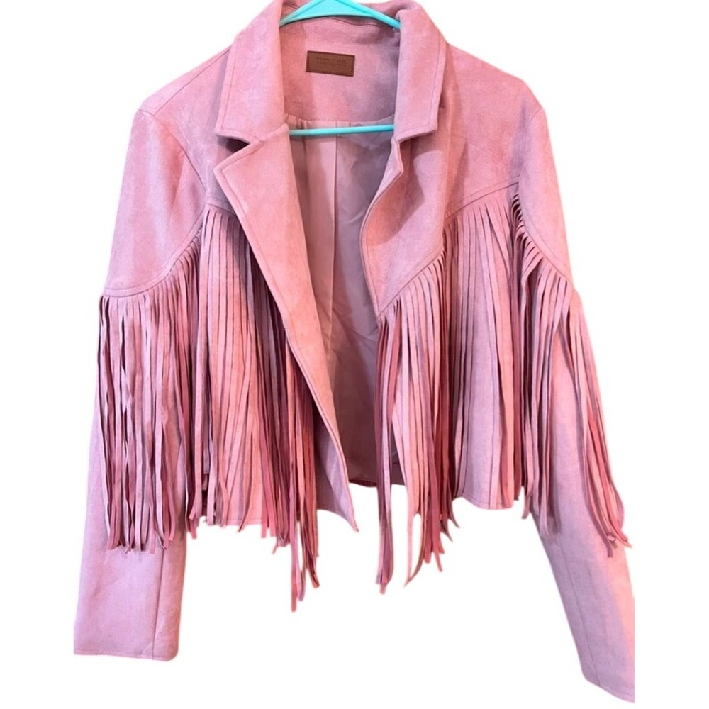 Umgee Pink Faux Suede Fringe Western Cropped Jacket Oversized Small/Medium